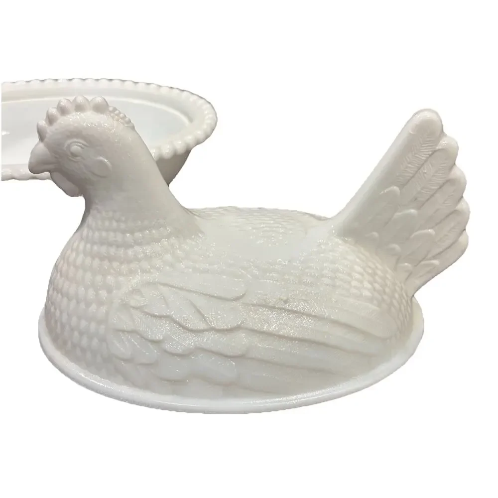 Vintage Indiana White Milk Glass Hen on Nest Beaded Rim Stippled Base 7